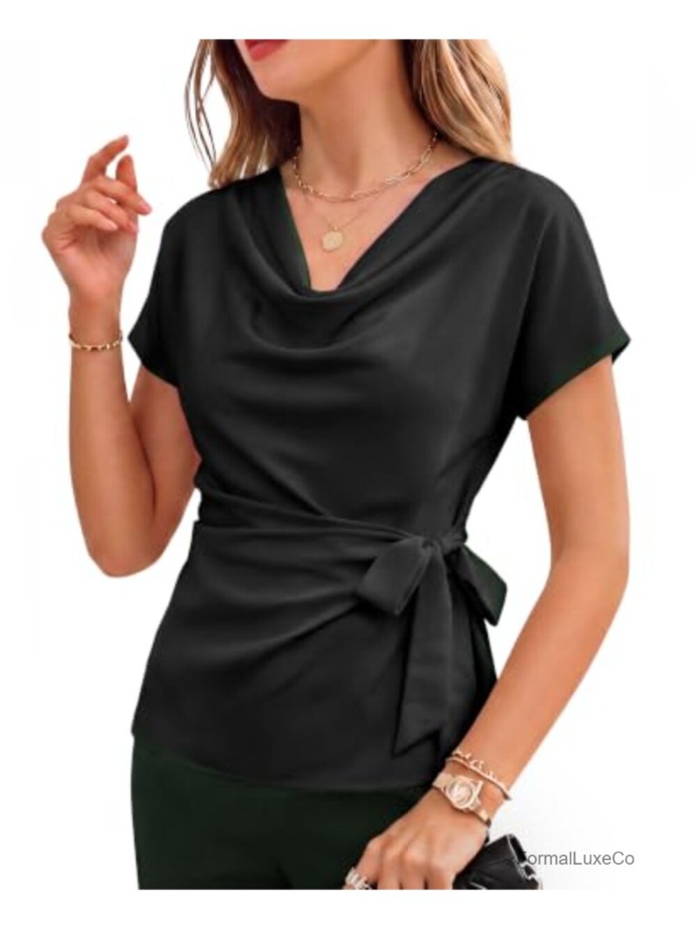 Women Satin Tie Waist Wrap Blouse Cowl Neck Business Casual Top